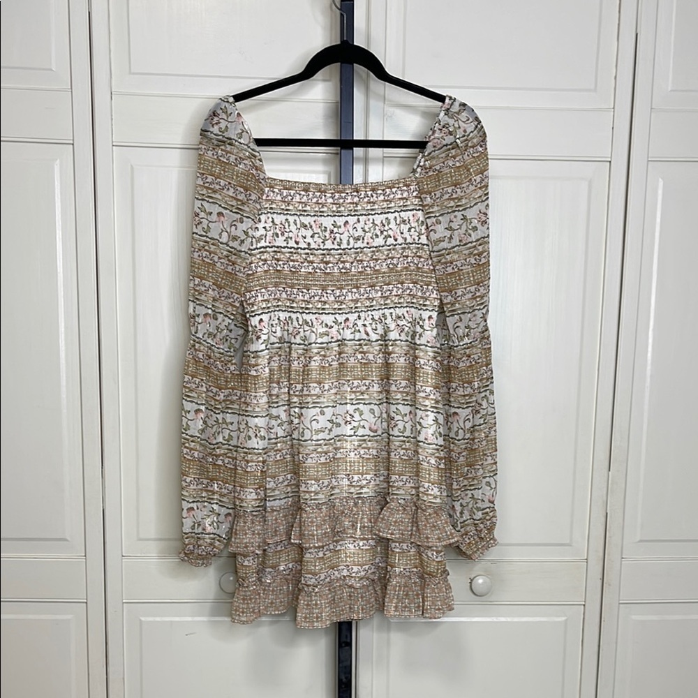 Koko & Mason Women’s Ivory Floral Print Long Sleeve Mini Dress Sz M Smocked NWT